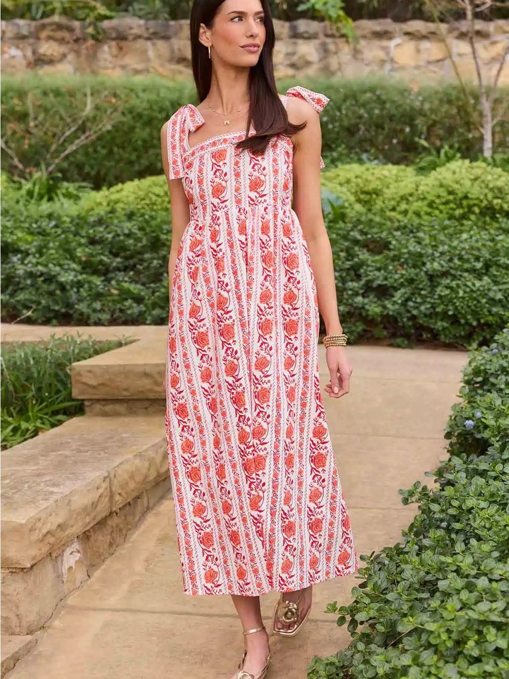 Smocked Tie-Shoulder Red Floral Maxi Dress